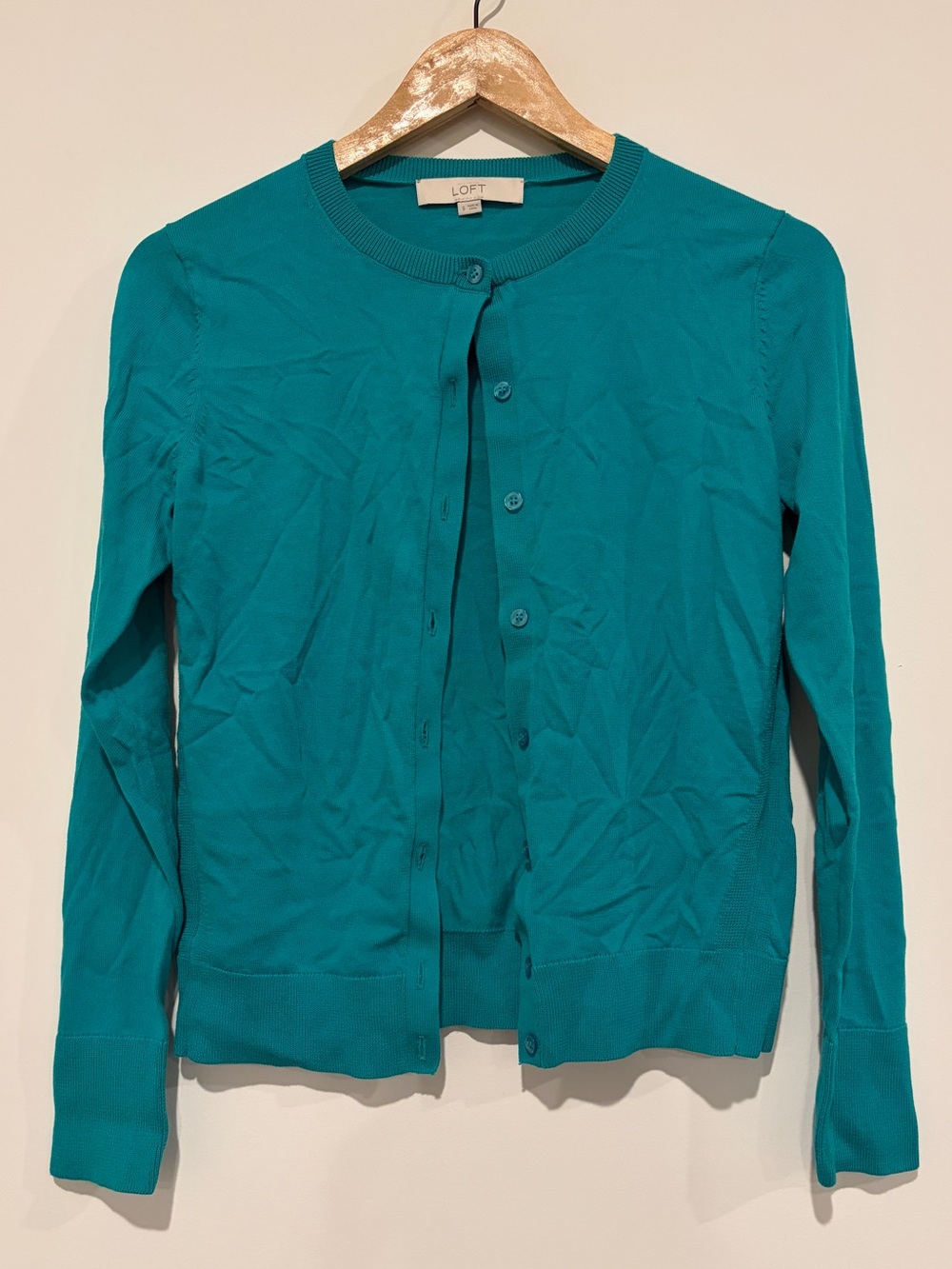 LOFT Size S Teal Blue Green Cotton Button Front Crew Neck Cardigan Sweater